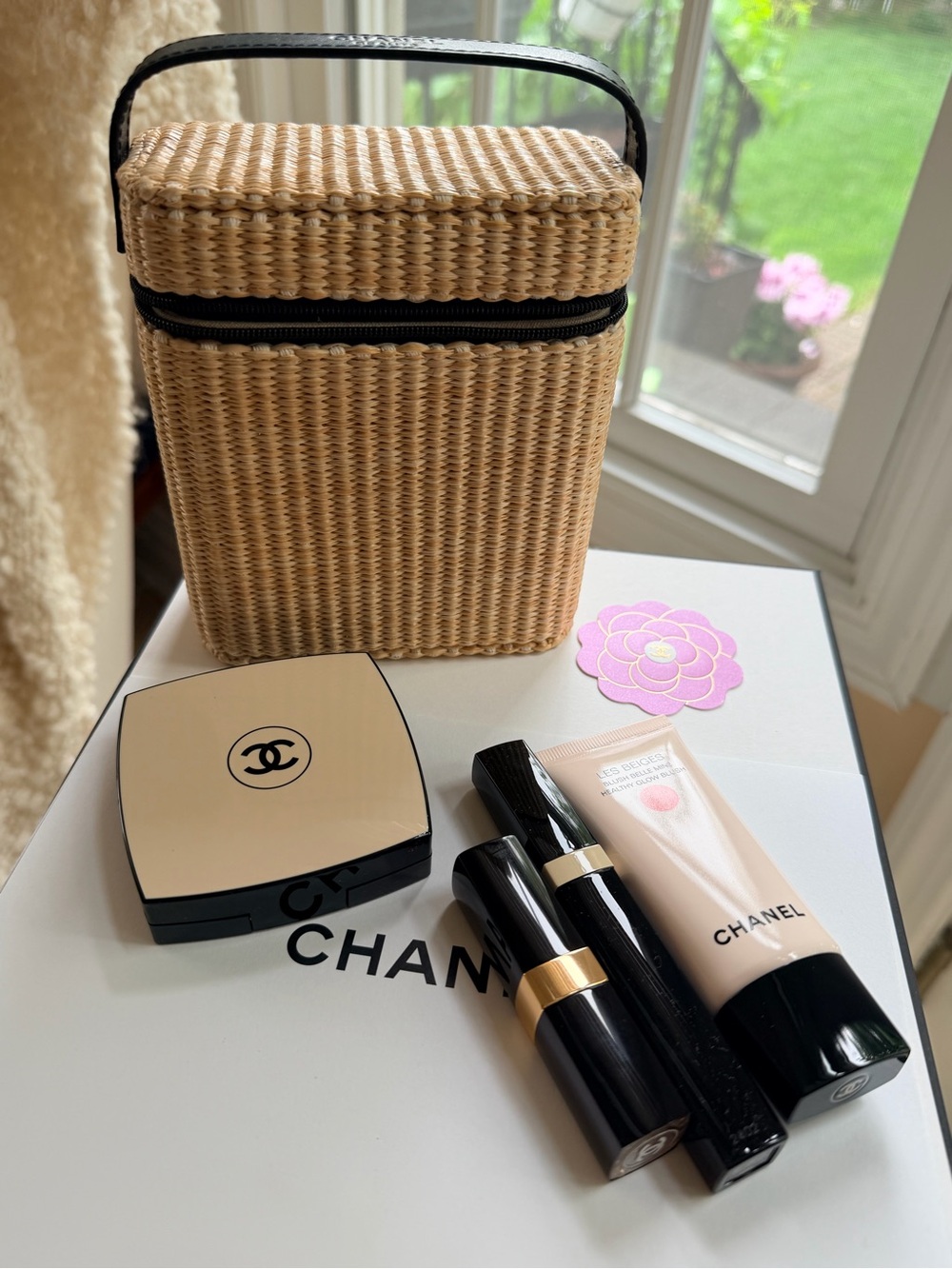 CHANEL Beige & Black Cosmetic Set with Woven Case